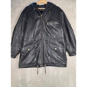 Colebrook & Co Leather Parka Jacket Small Black Quilt Lined Coat Oversized Read